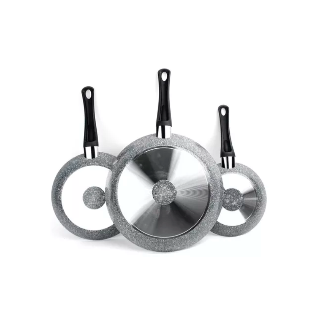 JUEGO 3 SARTENES ITALIANOS COLOR GRIS 20-24-26 CM