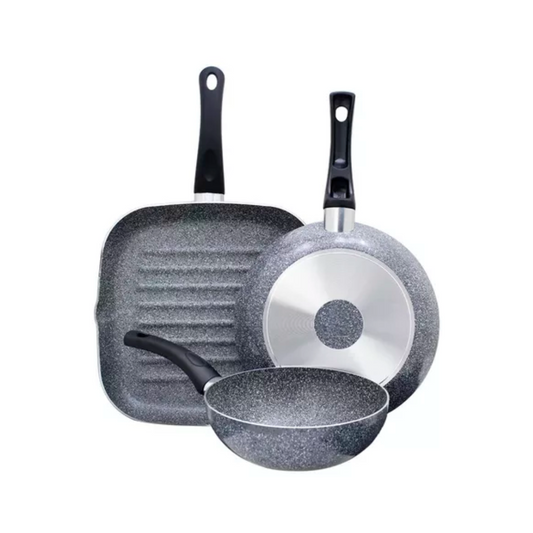 JUEGO 3 SARTENES ITALIANOS CON ANTIADERENTE COLOR GRIS GRANITO
