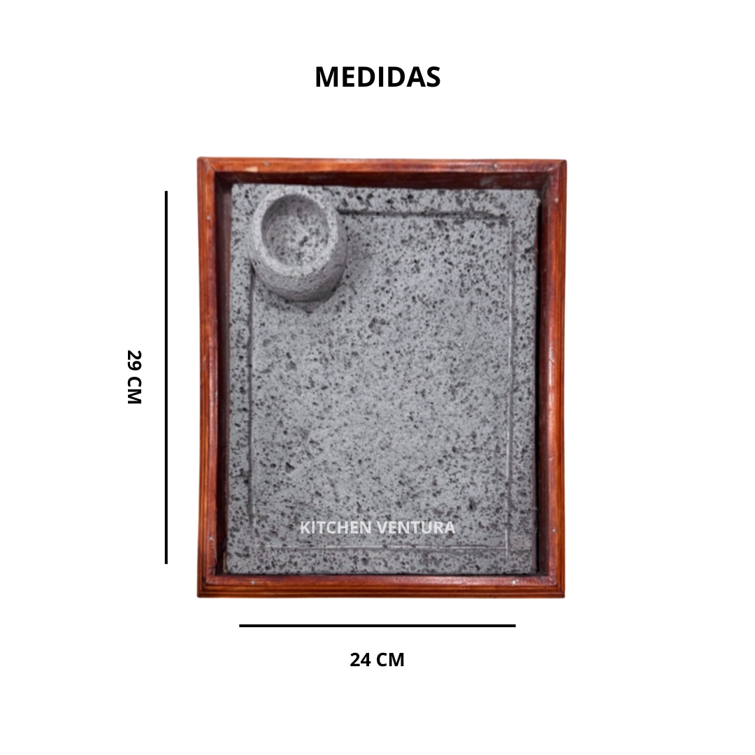 COMAL DE PIEDRA C/BASE DE MADERA + RAMEKIN